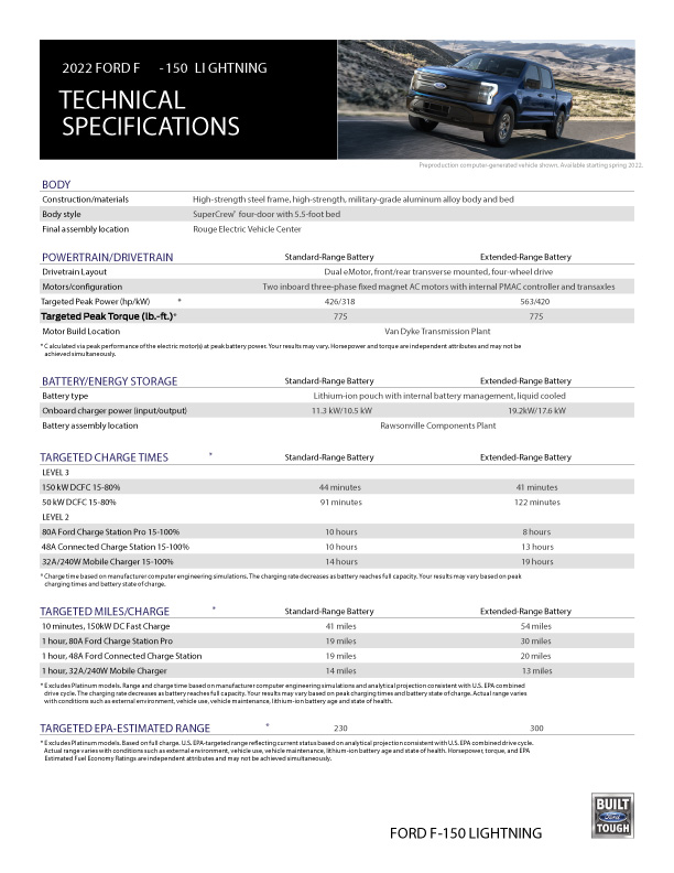 F150 Lightning 2022 Tech Specs