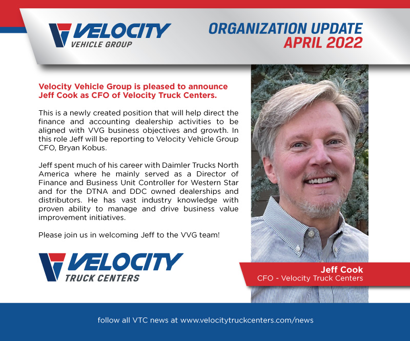 Jeff Cook as CFO of Velocity Truck Centers.